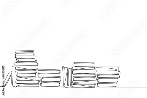Continuous one line drawing lots of books piled up. Packaged after being brought from the book festival. Books to read while in space. Study. Fiction. Single line draw design vector illustration
