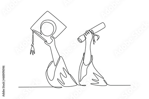 Continuous one line drawing of young happy graduate college students lift up a graduation letter paper roll and cap. Graduate from school concept. Single line draw design vector graphic illustration