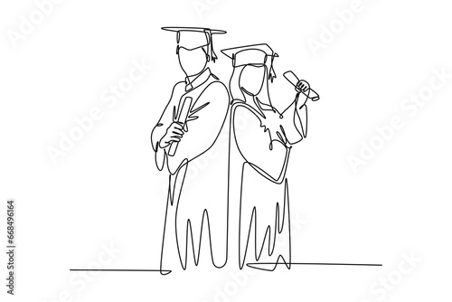 Continuous one line drawing young happy couple graduate college student hold paper, celebrate their graduation from university. Education concept. Single line draw design vector graphic illustration