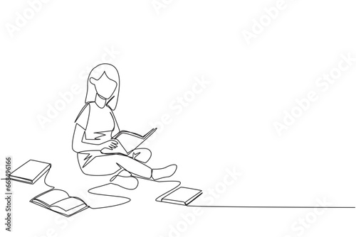 Single one line drawing woman sitting relaxed in a library reading a lot of books. Looking for answers to assignments. Hobby reading. Book festival concept. Continuous line design graphic illustration