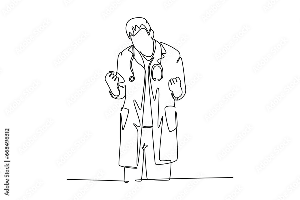 Single one line drawing young happy male doctor fist his hands to the air to celebrate his success find new drugs. Medical health care concept. Continuous line draw design graphic vector illustration Single one line drawing young happy male doctor fist his hands to the air to celebrate his success find new drugs. Medical health care concept. Continuous line draw design graphic vector illustration