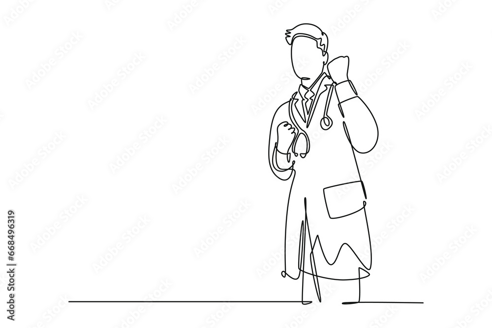 Continuous one line drawing of young happy male doctor fist his hands to the air to celebrate his success treating the patient. Medical health care. Single line draw design vector graphic illustration Continuous one line drawing of young happy male doctor fist his hands to the air to celebrate his success treating the patient. Medical health care. Single line draw design vector graphic illustration