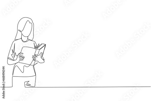 Single one line drawing woman focused on reading. Try to find answers to the tasks given. Seek more knowledge. Reading increases insight. Happy reading. Continuous line design graphic illustration