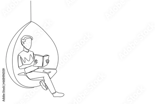 Single continuous line drawing man sitting relaxed in a hanging chair reading a book. Spending the weekend reading the favorite fiction story book. Love reading. One line design vector illustration