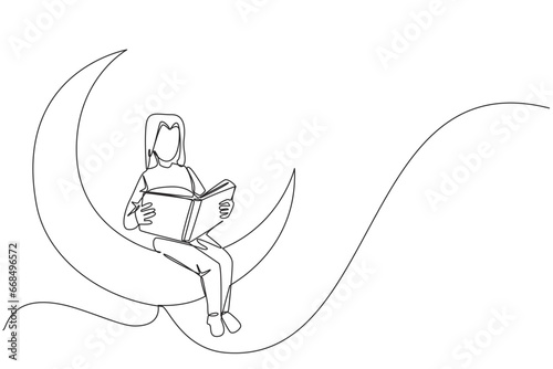 Single one line drawing woman sitting on crescent moon reading a book. Metaphor of reading a fairy story before sleeping. Read until late. Love reading. Continuous line design graphic illustration