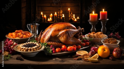 Thanksgiving Feast with Roasted Turkey on Rustic Wooden Table. Traditional Holiday Dinner, Gratitude, Celebration, and Rich Culinary Traditions Concept