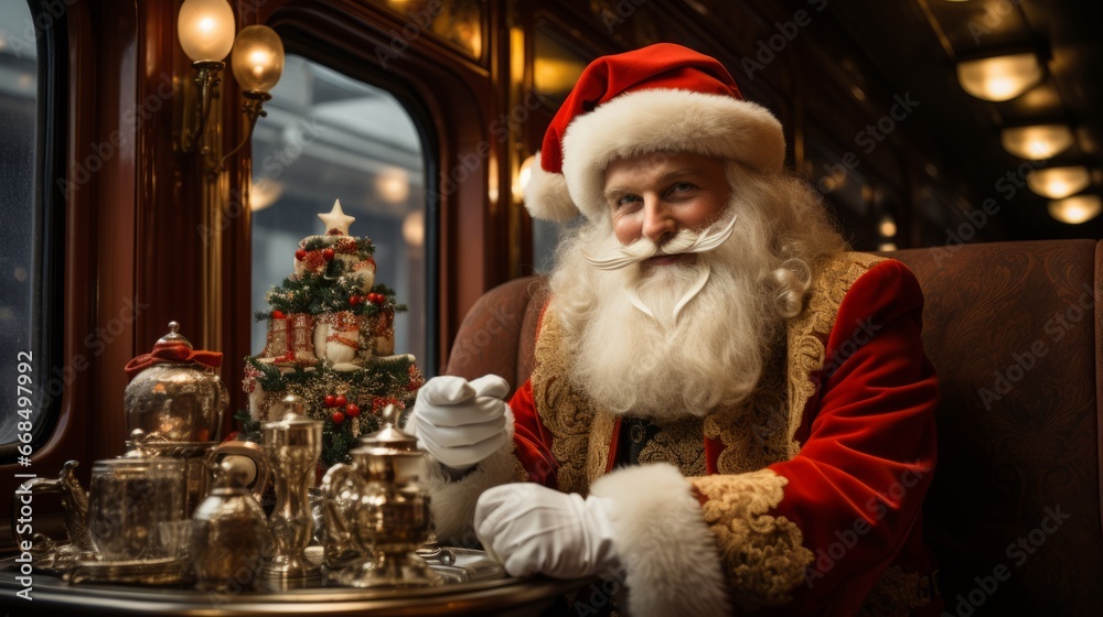 Santa's First-Class Journey on Luxurious Train. Enchanting Santa Claus Holiday Adventure, Magic, Wonder, and Holiday Splendor Concept