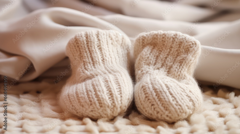 Soft textured baby shoes resting on woven surface