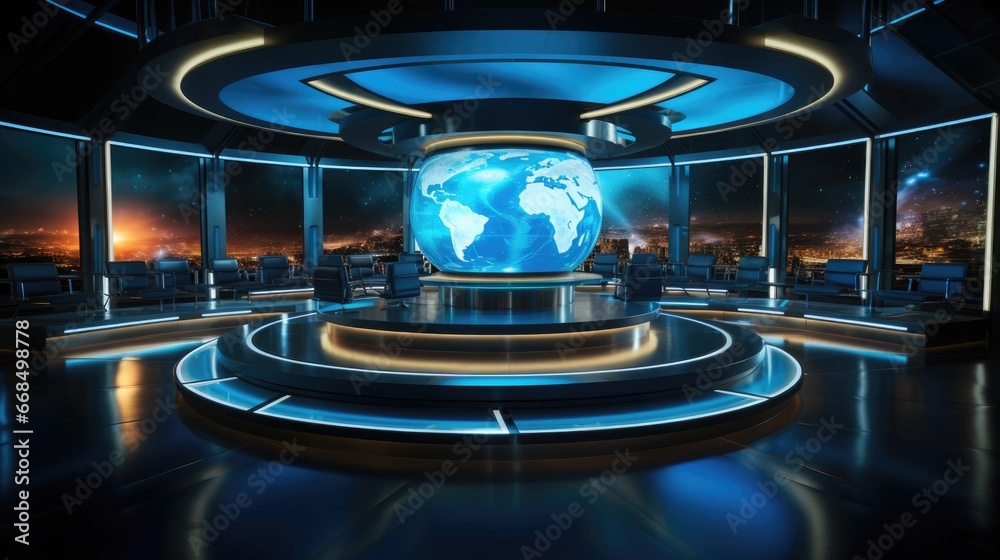 Modern television studio for world breaking news with equipment for leading reporters and announcers - obrazy, fototapety, plakaty 