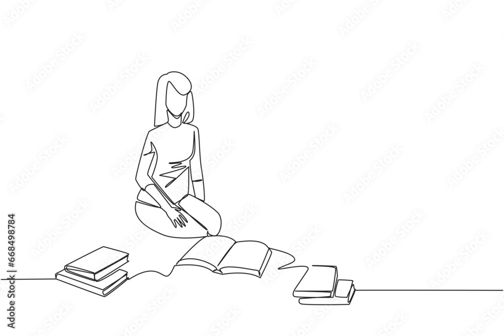 Single one line drawing woman reading the books happily. Good reading interest. Really enjoy reading story books. Reading everywhere. Book festival concept. Continuous line design graphic illustration Single one line drawing woman reading the books happily. Good reading interest. Really enjoy reading story books. Reading everywhere. Book festival concept. Continuous line design graphic illustration