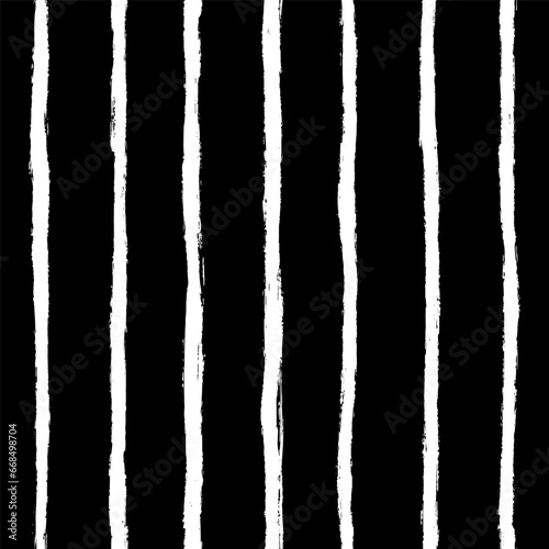 White vertical doodle stripes seamless pattern on Black. Messy graffiti sketch wallpaper print in grunge style. Swiss design aesthetic with Hand drawn dry brush textures. Simple geometric shapes.