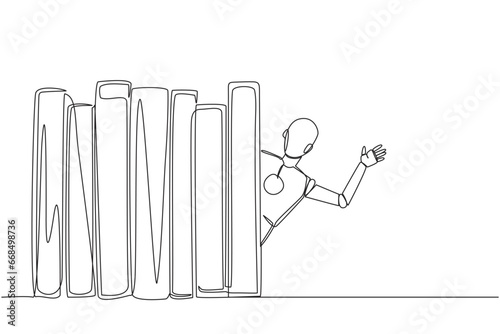 Single continuous line drawing smart robot appears from behind a row of books. Invitation to read books at the library. Like to reading book. Book festival concept. One line design vector illustration