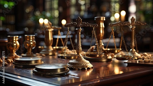 Golden scales in the courtroom for court hearings, the concept of justice and compliance with laws, legislative power and courthouse, corruption photo