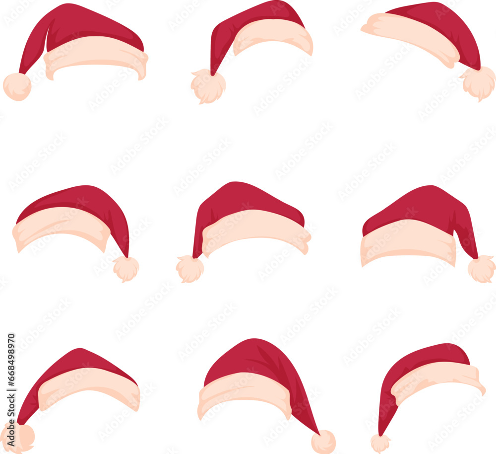 Big Set of different red New Year's hats. Cartoon style Big Set of different red New Year's hats. Cartoon style