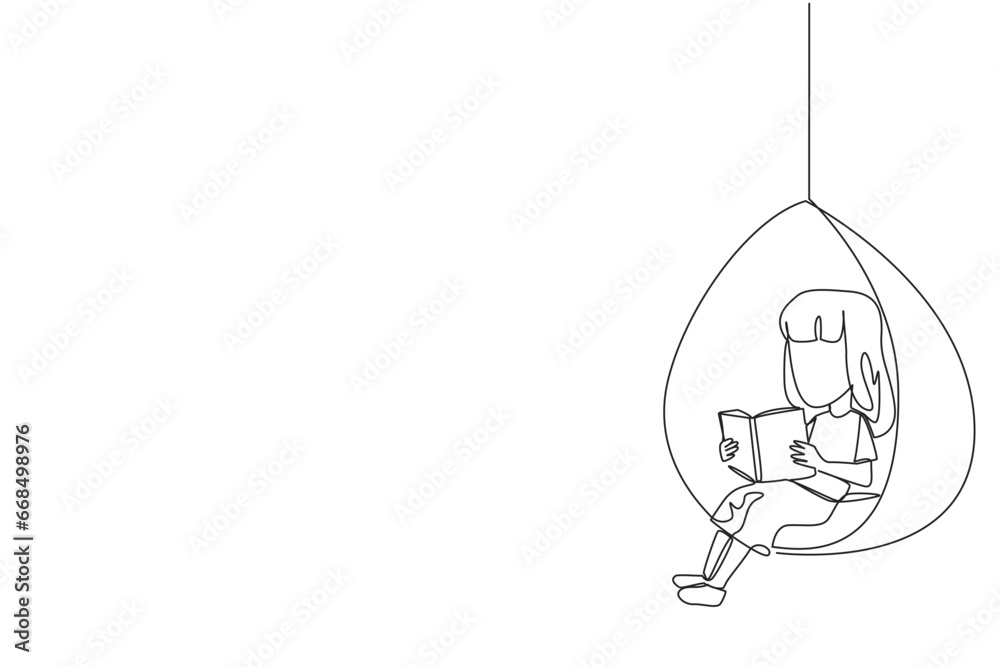 Continuous one line drawing girl sitting relaxed in a hanging chair reading a book. Spending the weekend reading favorite fiction story book. Love reading. Single line draw design vector illustration - obrazy, fototapety, plakaty 