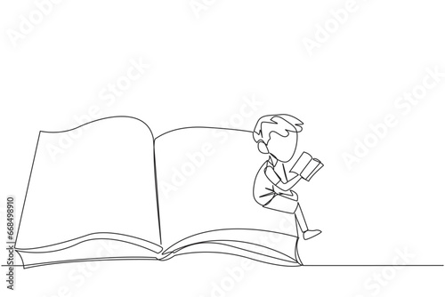 Single one line drawing serious boy sitting on the edge of a large open book. Study before exam time arrives. Read textbooks with focus. Reading is fun. Continuous line design graphic illustration