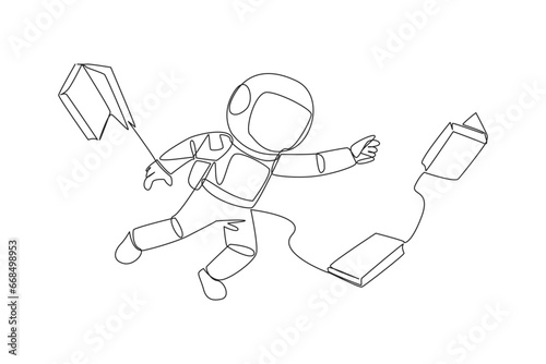 Single continuous line drawing astronauts floating in space trying to pick up books. No gravity makes it float. Basic space knowledge. Space book festival concept. One line design vector illustration