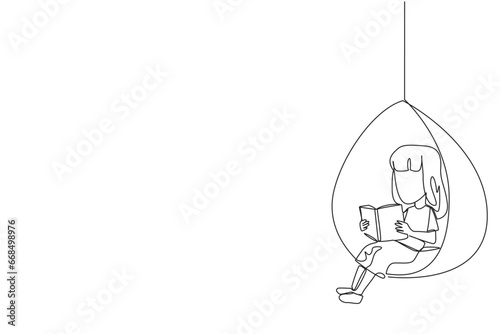 Continuous one line drawing girl sitting relaxed in a hanging chair reading a book. Spending the weekend reading favorite fiction story book. Love reading. Single line draw design vector illustration