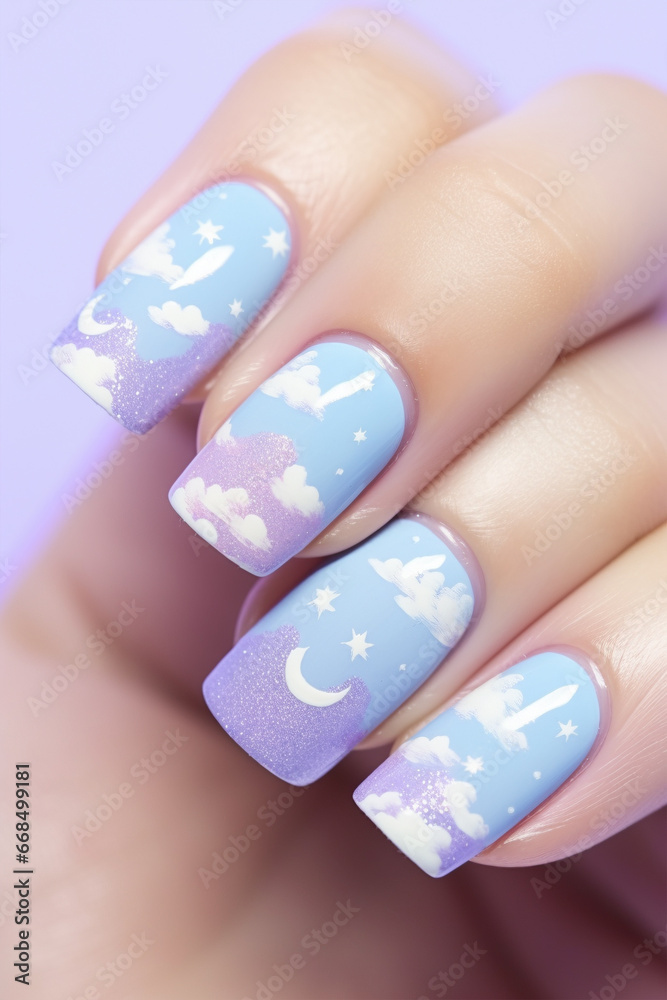 Woman's fingernails with pastel colored sky with clouds and stars design nail polish in fornt of violet background Woman's fingernails with pastel colored sky with clouds and stars design nail polish in fornt of violet background