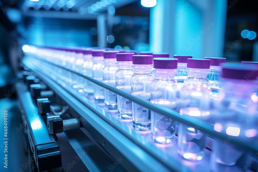 Medical vials on the conveyor belt start point. Conveys the production cycle. Medical vials on the conveyor belt start point. Conveys the production cycle.