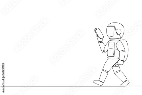 Continuous one line drawing astronaut walking to the left reading book. Gesture of memorizing something from book. Read anywhere. Addicted reading. Book festival. Single line draw vector illustration