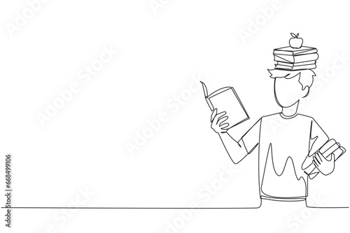 Single one line drawing man reading book practicing balance. Stack books on top of head along with the apple. Balancing reading rhythm, train focus. Read. Continuous line design graphic illustration