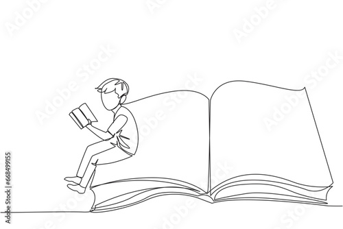 Continuous one line drawing serious man sitting on the edge of a large open book. Study before exam time arrives. Read textbooks with focus. Reading is fun. Single line draw design vector illustration