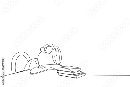 Single continuous line drawing boy asleep at the table where there were piles of books. Tired after successfully finishing the favorite reading book. Love read. One line design vector illustration