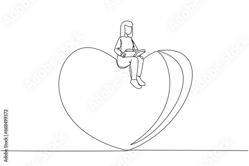 Single continuous line drawing woman sitting on big heart. Read romantic fiction books. Enjoy the storyline. Hobby reading story books. Book festival concept. One line design vector illustration