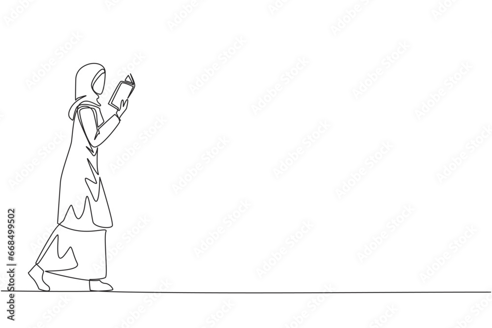 Continuous one line drawing Arab woman walking reading book. Gesture of memorizing something from a book. Read anywhere. Addicted to reading. Book festival. Single line draw design vector illustration