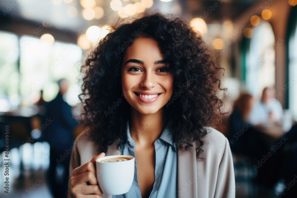 Woman with smile on her face holding cup of coffee. This picture can be used to portray relaxation, morning routines, or coffee breaks. Woman with smile on her face holding cup of coffee. This picture can be used to portray relaxation, morning routines, or coffee breaks.