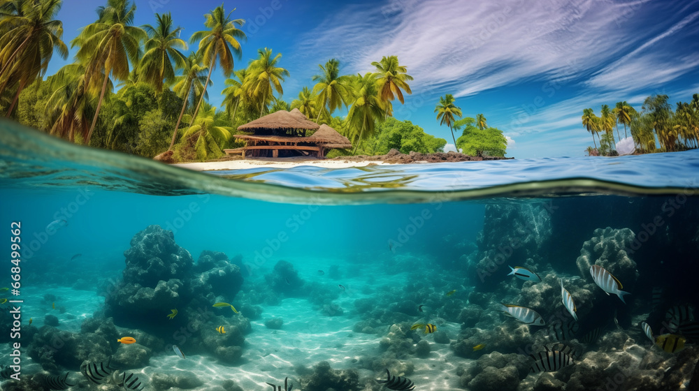 The South Pacific's clear sea, sandy beaches, and beautiful views under the water. Photo half submerged in water The South Pacific's clear sea, sandy beaches, and beautiful views under the water. Photo half submerged in water
