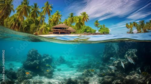 The South Pacific's clear sea, sandy beaches, and beautiful views under the water. Photo half submerged in water