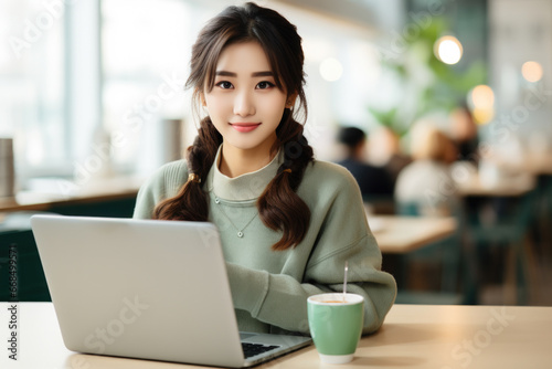 Woman is pictured sitting at table with laptop. This image can be used to represent working from home, online learning, or remote work.