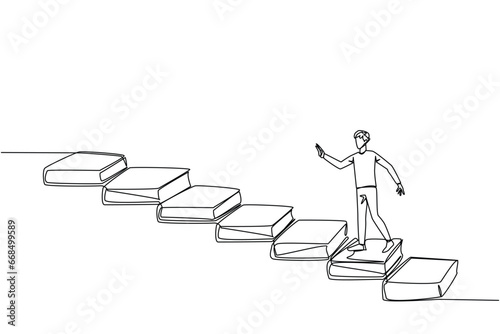 Continuous one line drawing man climb stairs from books. Reading increases knowledge which can increase the dignity of a better life. Book festival concept. Single line draw design vector illustration