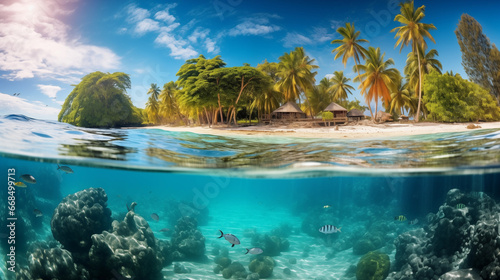 The South Pacific s clear sea  sandy beaches  and beautiful views under the water. Photo half submerged in water
