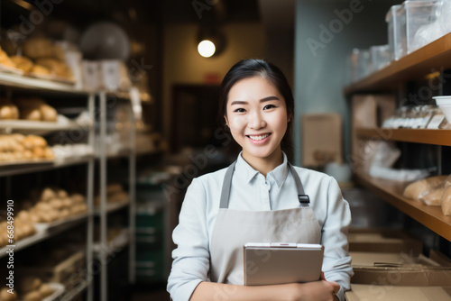 Woman confidently holds clipboard in bustling bakery. This image can be used to showcase organization and management of bakery or for illustrating bakery-related article or blog post.