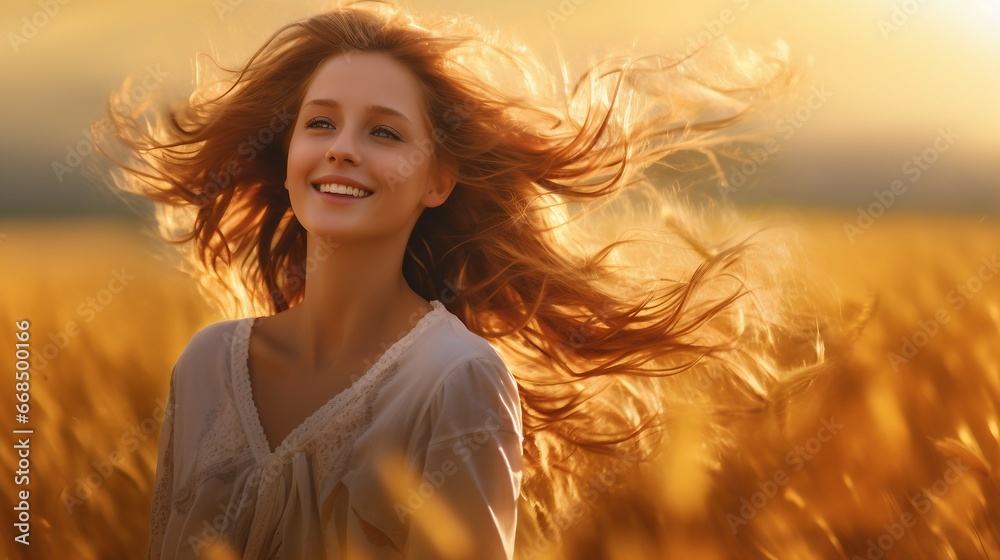 realistic photo of a young woman standing in a golden field, her hair aglow with sunlight. The focus should be on the woman's joyful smile and the play of light through her hair