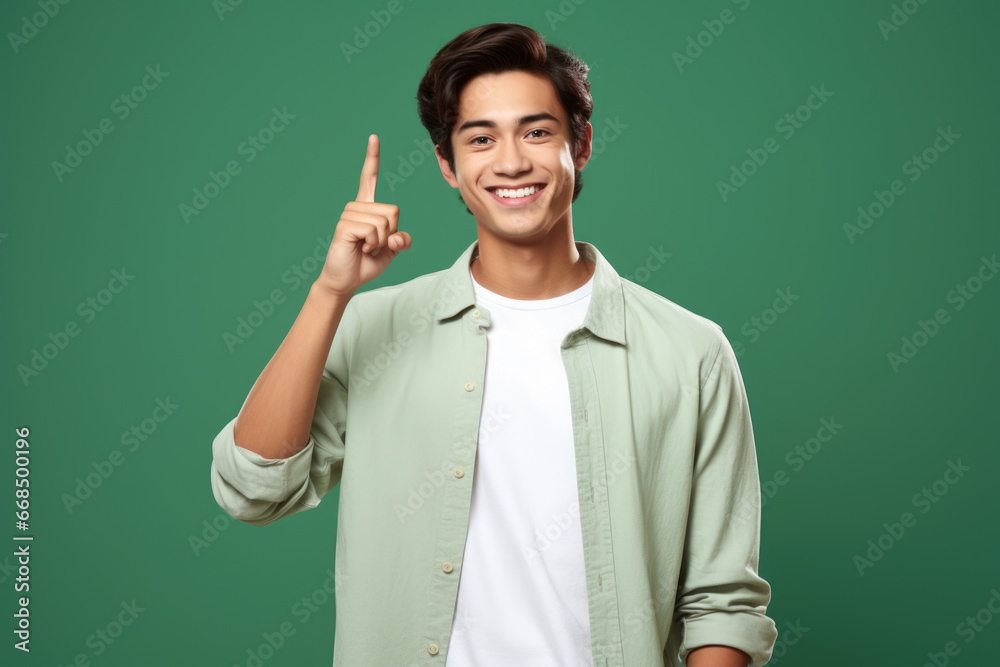 Man wearing green shirt is holding up peace sign with his hand. This image can be used to promote peace, unity, and positive messages. Man wearing green shirt is holding up peace sign with his hand. This image can be used to promote peace, unity, and positive messages.