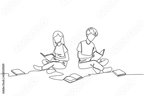 Single continuous line drawing man woman sitting relaxed in library reading lot of books. Looking for answers to assignments. Hobby reading. Book festival concept. One line design vector illustration