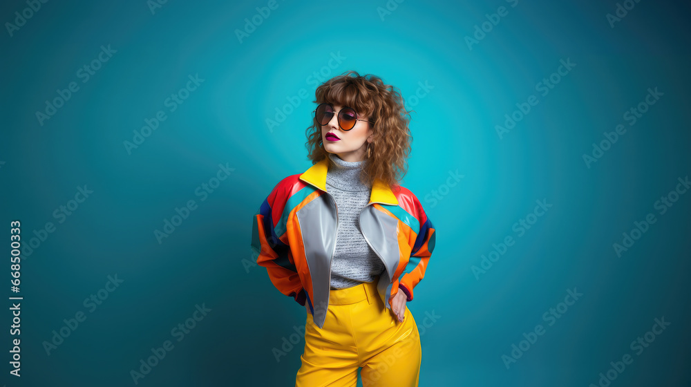 beautiful young curly woman, girl in 80s style clothes, fashionable outfit, fashion, disco, party, street style, dancer, colored background, face, hairstyle, sunglasses