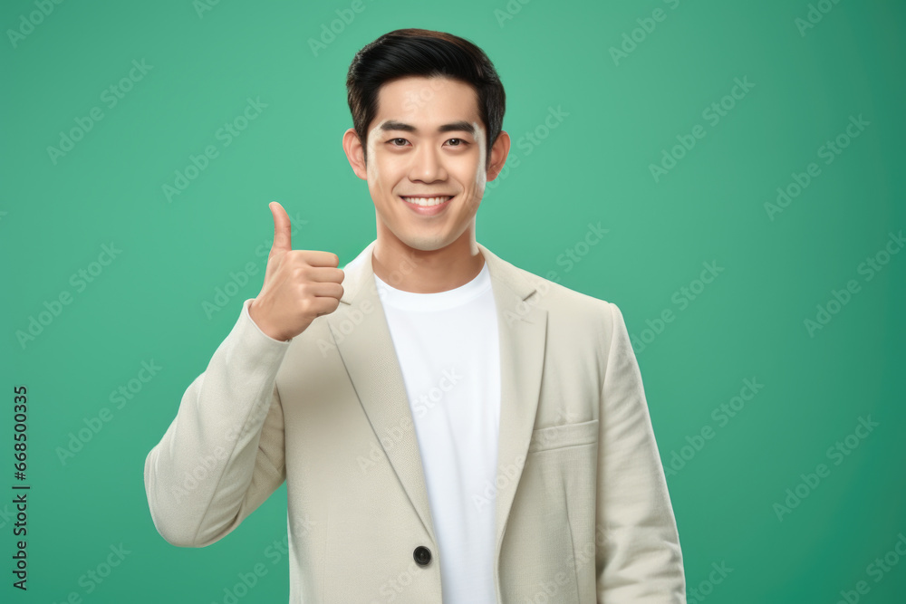 Man wearing beige suit giving thumbs up. This picture can be used to represent approval, success, or positivity in various contexts. Man wearing beige suit giving thumbs up. This picture can be used to represent approval, success, or positivity in various contexts.