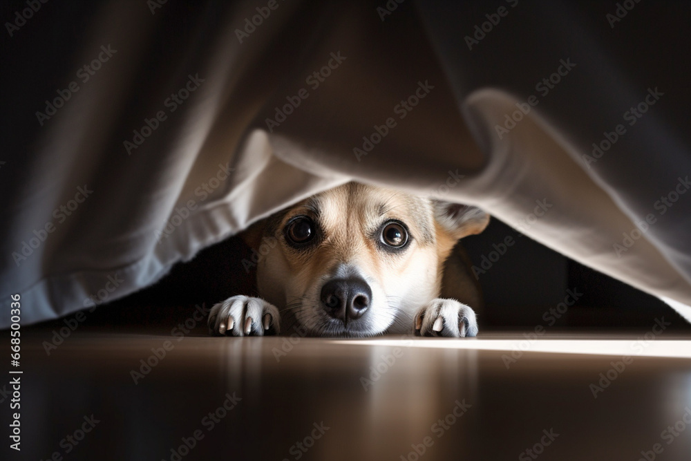 Obraz na płótnie Scared dog hiding under bed w salonie
