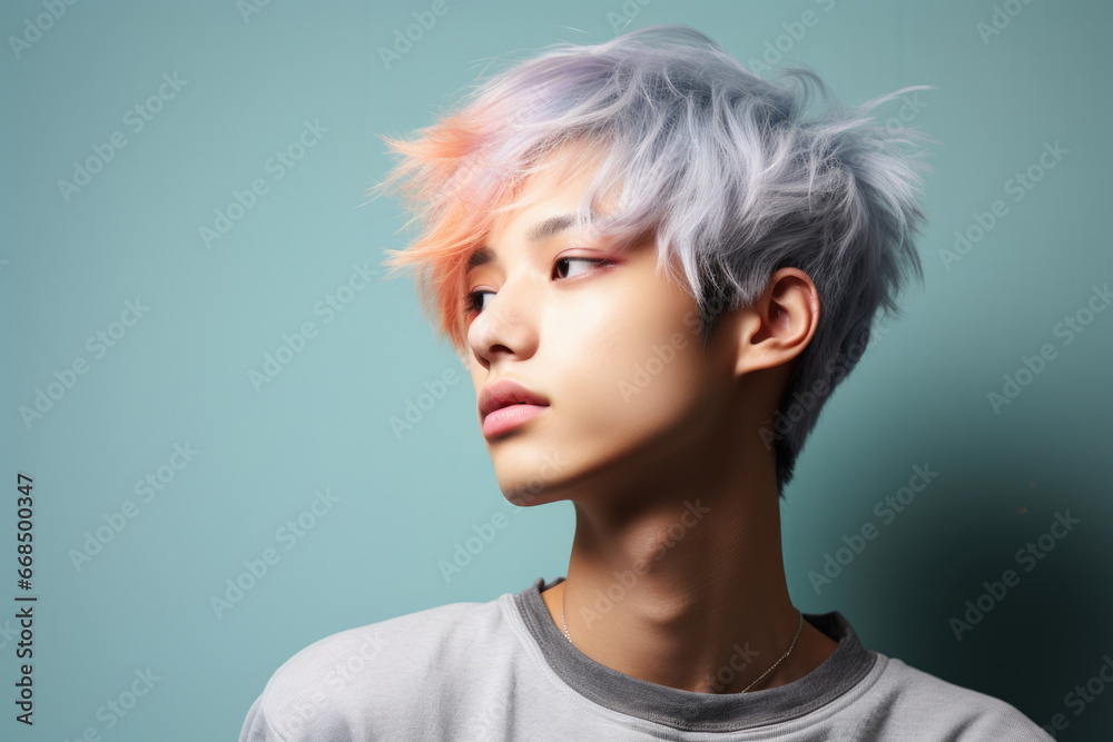 Young man with vibrant pink and purple hair. This image can be used for fashion, youth culture, and self-expression themes.