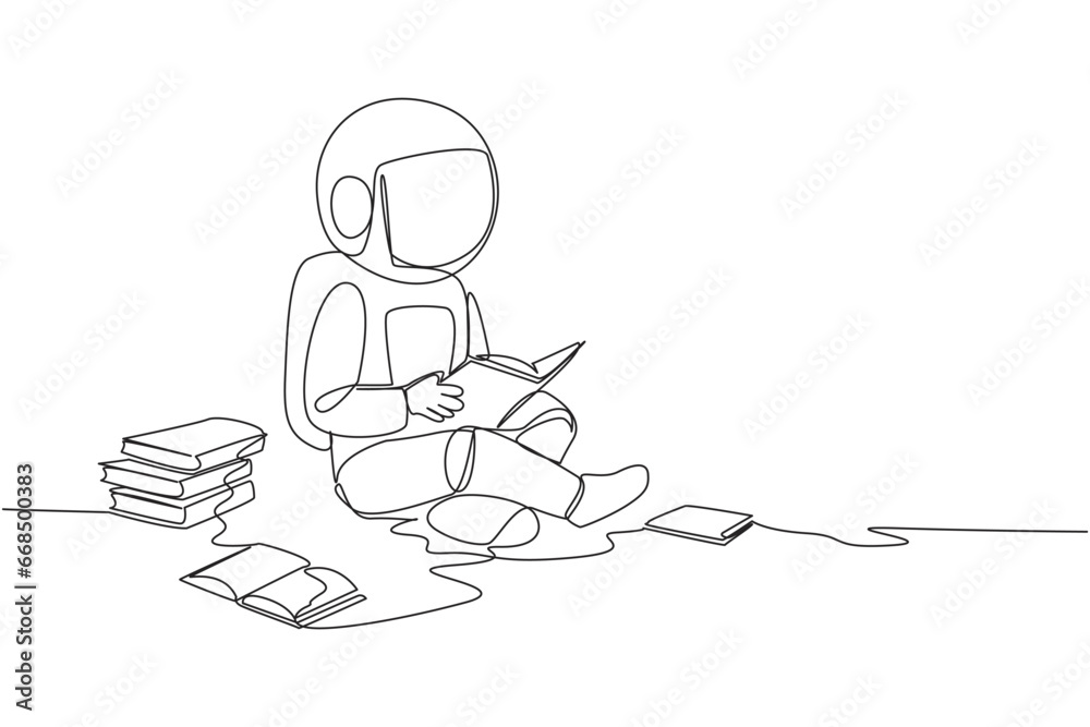 Single continuous line drawing astronaut sitting relax in library reading lot of books. Looking for answers to assignments. Hobby reading. Book festival concept. One line design vector illustration Single continuous line drawing astronaut sitting relax in library reading lot of books. Looking for answers to assignments. Hobby reading. Book festival concept. One line design vector illustration