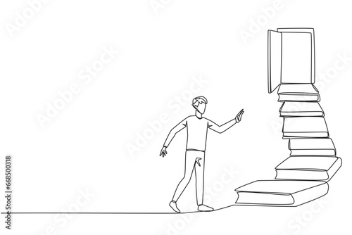 Single one line drawing man climb the stairs from the book stack. Towards the wide open door. Metaphor of finding the answers from books. Book festival. Continuous line design graphic illustration