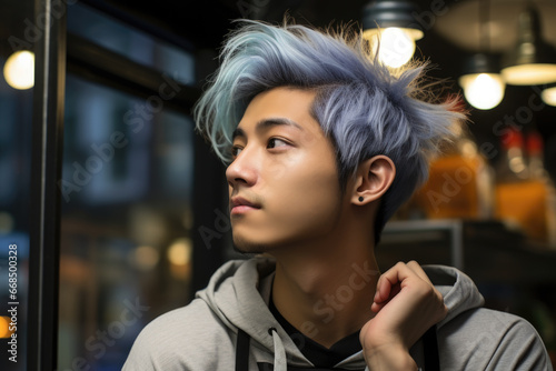 Picture of man with blue hair wearing gray hoodie. This image can be used to represent unique and trendy individual or to convey sense of style and self-expression. © vefimov