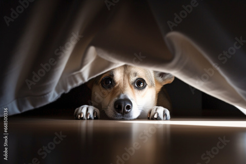 Scared dog hiding under bed photo