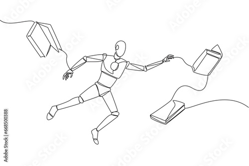 Single continuous line drawing astronaut floating in space trying to pick up books. No gravity makes it float. Basic space knowledge. Tech book festival concept. One line design vector illustration