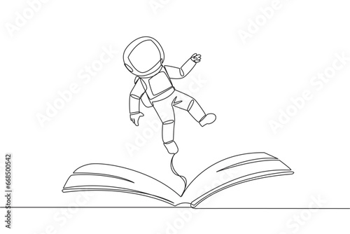 Continuous one line drawing astronaut hovering over an open book. Imagination to be astronaut floating in outer space. Enjoy the storyline. Book festival. Single line draw design vector illustration